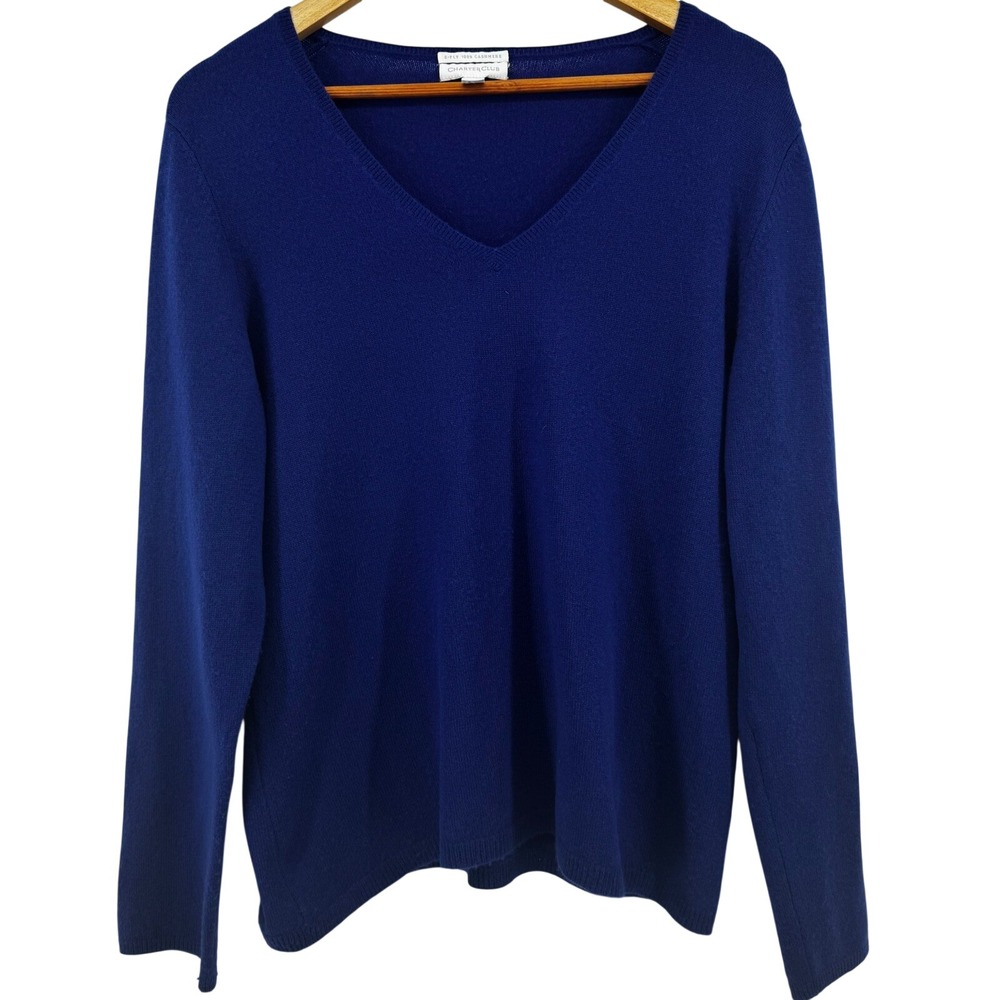 Charter Club Royal Blue 100% 2-Ply Cashmere V-Neck Sweater Women's XL Pullover